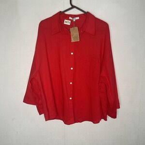 Berlook Flax Linen Cotton Shirt Women XL Coral Red Collared Wide 3/4  Sleeve Top